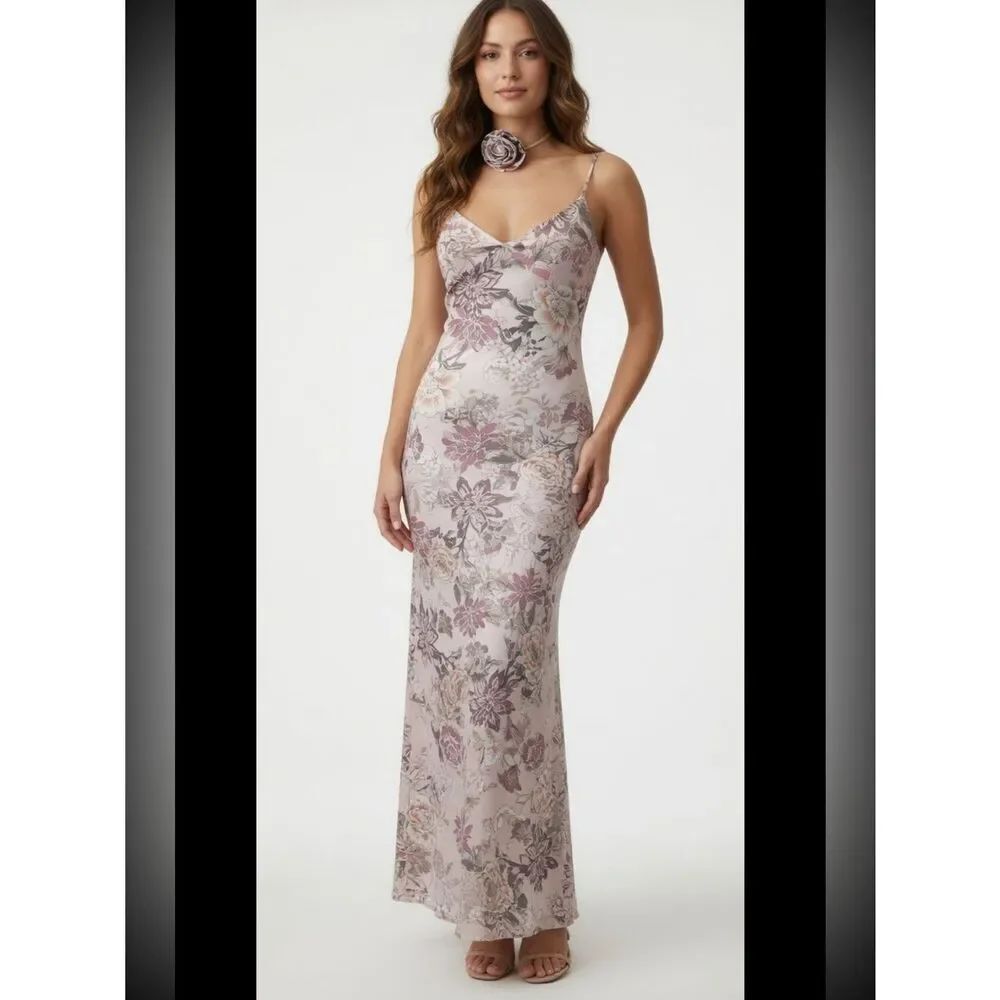 Commense Floral Maxi Dress Strappy 3D Floral Tie Bodycon SZ S NEW